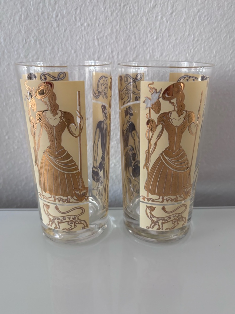 2 MCM Retro Gay Fad Harvesters Gold 12 oz. High Ball Bar Tumblers Glasses